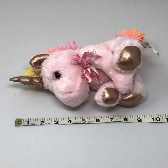 Pink Rose Gold Metallic Unicorn with Bow 10" Plush Yellow Pink Mane Stuffed Toy - Picture 9 of 9